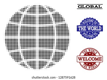 Welcome collage of halftone globe and corroded stamps. Halftone globe designed with black round items. Vector greeting imprints with corroded rubber texture in blue and red colors.