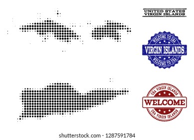 Welcome collage of halftone map of American Virgin Islands and rubber seal stamps. Halftone map of American Virgin Islands constructed with black round pixels.