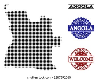 Welcome collage of halftone map of Angola and rubber seals. Halftone map of Angola constructed with black circle dots. Vector greeting seals with scratched rubber texture in blue and red colors.