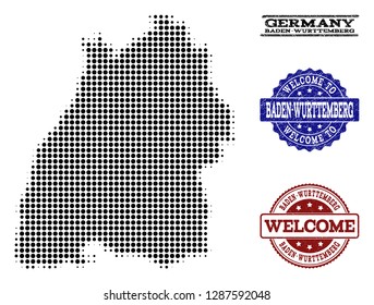 Welcome collage of halftone map of Baden-Wurttemberg State and corroded seals. Halftone map of Baden-Wurttemberg State constructed with black round points.