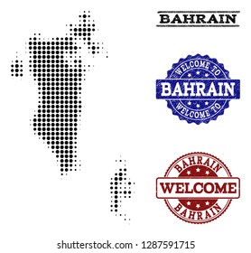 Welcome collage of halftone map of Bahrain and rubber watermarks. Halftone map of Bahrain designed with black round elements. Vector greeting seals with retro rubber texture in blue and red colors.