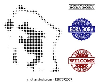 Welcome collage of halftone map of Bora-Bora and rubber seals. Halftone map of Bora-Bora constructed with black spheric points.