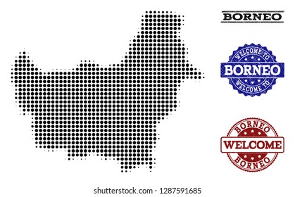 Welcome collage of halftone map of Borneo Island and rubber seal stamps. Halftone map of Borneo Island constructed with black spheric points.
