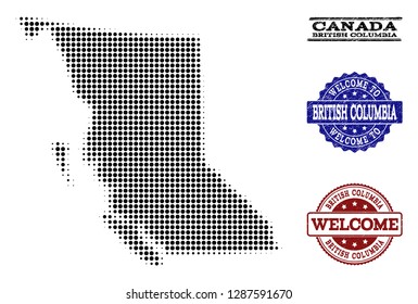 Welcome collage of halftone map of British Columbia Province and scratched watermarks. Halftone map of British Columbia Province designed with black round dots.