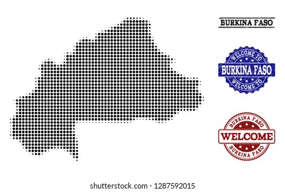 Welcome collage of halftone map of Burkina Faso and grunge stamps. Halftone map of Burkina Faso constructed with black spheric items.