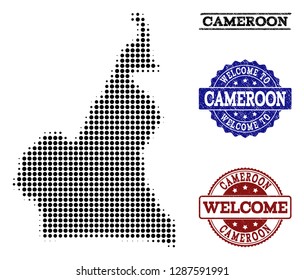 Welcome collage of halftone map of Cameroon and unclean seal stamps. Halftone map of Cameroon designed with black circle pixels.
