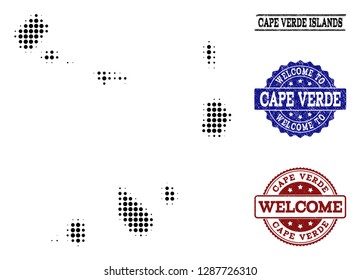 Welcome collage of halftone map of Cape Verde Islands and rubber watermarks. Halftone map of Cape Verde Islands constructed with black spheric elements.