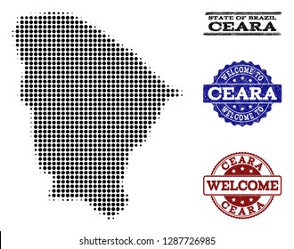Welcome collage of halftone map of Ceara state and rubber seals. Halftone map of Ceara state constructed with black spheric pixels.