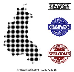 Welcome collage of halftone map of Champagne Province and rubber seals. Halftone map of Champagne Province constructed with black spheric points.