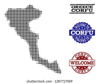 Welcome collage of halftone map of Corfu Island and rubber seals. Halftone map of Corfu Island constructed with black round items.