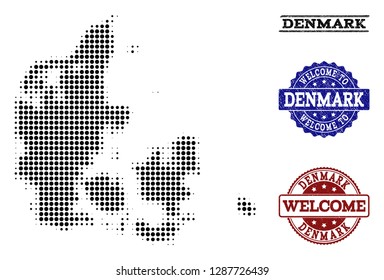 Welcome collage of halftone map of Denmark and rubber seals. Halftone map of Denmark designed with black spheric points. Vector greeting seals with unclean rubber texture in blue and red colors.