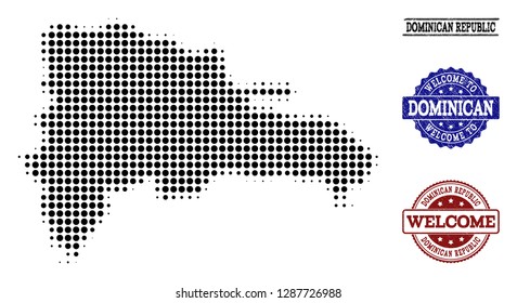 Welcome collage of halftone map of Dominican Republic and rubber watermarks. Halftone map of Dominican Republic designed with black circle elements.