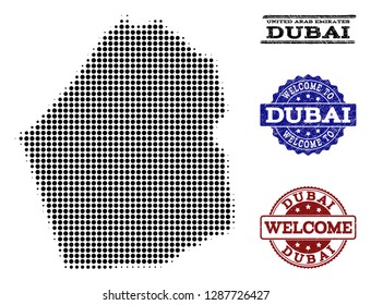 Welcome collage of halftone map of Dubai Emirate and rubber seals. Halftone map of Dubai Emirate constructed with black circle pixels.