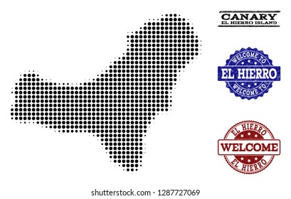 Welcome collage of halftone map of El Hierro Island and rubber seals. Halftone map of El Hierro Island constructed with black spheric dots.