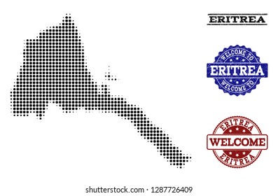 Welcome collage of halftone map of Eritrea and rubber seal stamps. Halftone map of Eritrea designed with black round points.