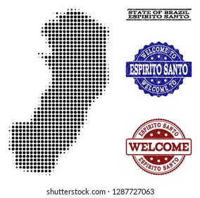 Welcome collage of halftone map of Espirito Santo State and grunge seals. Halftone map of Espirito Santo State designed with black circle pixels.