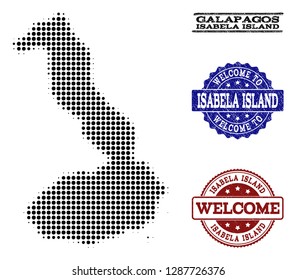 Welcome collage of halftone map of Galapagos - Isabela Island and corroded watermarks. Halftone map of Galapagos - Isabela Island designed with black spheric elements.