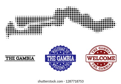 Welcome collage of halftone map of the Gambia and rubber stamps. Halftone map of the Gambia constructed with black spheric elements.