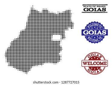 Welcome collage of halftone map of Goias State and grunge seals. Halftone map of Goias State designed with black spheric points.