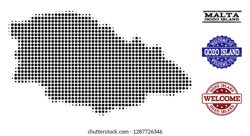 Welcome collage of halftone map of Gozo Island and textured watermarks. Halftone map of Gozo Island constructed with black circle pixels.
