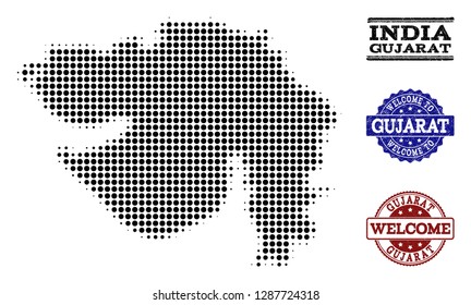 Welcome collage of halftone map of Gujarat State and rubber seal stamps. Halftone map of Gujarat State designed with black spheric points.