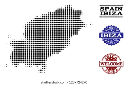 Welcome collage of halftone map of Ibiza Island and rubber seals. Halftone map of Ibiza Island constructed with black circle elements.