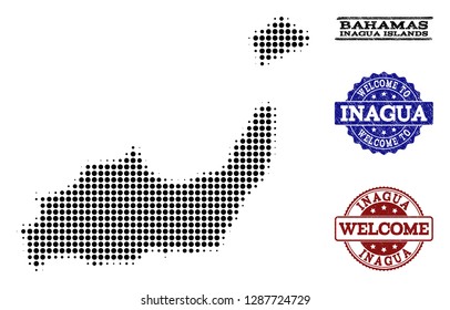 Welcome collage of halftone map of Inagua Islands and corroded seals. Halftone map of Inagua Islands designed with black round points.