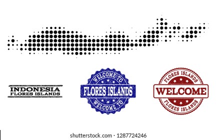 Welcome collage of halftone map of Indonesia - Flores Islands and rubber watermarks. Halftone map of Indonesia - Flores Islands designed with black circle points.