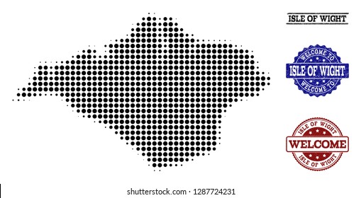 Welcome collage of halftone map of Isle of Wight and corroded stamps. Halftone map of Isle of Wight constructed with black spheric items.