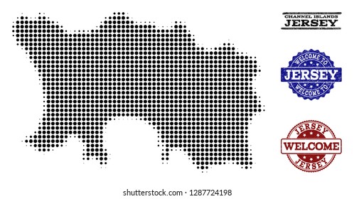 Welcome collage of halftone map of Jersey Island and rubber seal stamps. Halftone map of Jersey Island constructed with black round pixels.