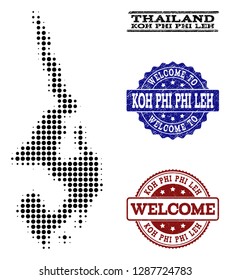 Welcome collage of halftone map of Koh Phi Leh and textured seals. Halftone map of Koh Phi Leh constructed with black spheric elements.