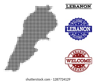 Welcome collage of halftone map of Lebanon and rubber stamps. Halftone map of Lebanon constructed with black spheric dots. Vector greeting watermarks with retro rubber texture in blue and red colors.