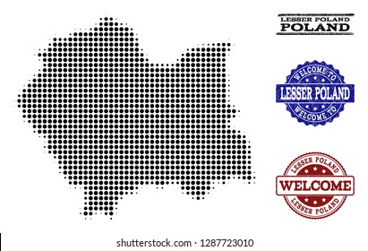 Welcome collage of halftone map of Lesser Poland Province and rubber stamps. Halftone map of Lesser Poland Province constructed with black spheric dots.