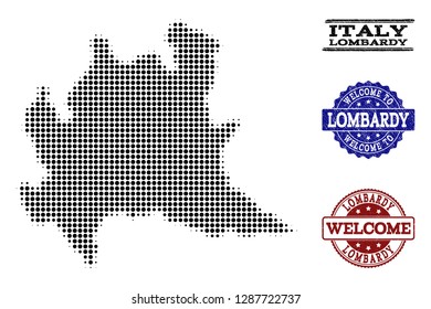 Welcome collage of halftone map of Lombardy region and rubber watermarks. Halftone map of Lombardy region constructed with black round items.