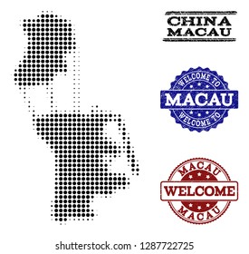 Welcome collage of halftone map of Macau and rubber stamps. Halftone map of Macau constructed with black spheric items. Vector greeting watermarks with unclean rubber texture in blue and red colors.