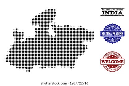 Welcome collage of halftone map of Madhya Pradesh State and dirty seals. Halftone map of Madhya Pradesh State designed with black round items.