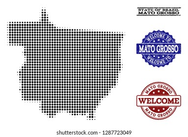 Welcome collage of halftone map of Mato Grosso State and grunge watermarks. Halftone map of Mato Grosso State constructed with black circle items.
