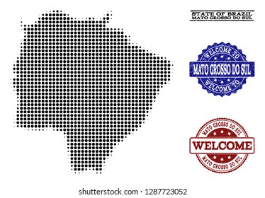 Welcome collage of halftone map of Mato Grosso do Sul State and rubber watermarks. Halftone map of Mato Grosso do Sul State constructed with black round dots.