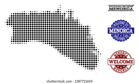 Welcome collage of halftone map of Menorca Island and unclean seal stamps. Halftone map of Menorca Island constructed with black spheric dots.