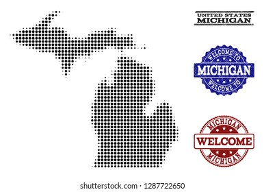 Welcome collage of halftone map of Michigan State and rubber seal stamps. Halftone map of Michigan State designed with black round items.