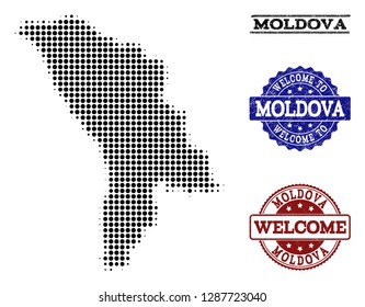 Welcome collage of halftone map of Moldova and unclean stamps. Halftone map of Moldova constructed with black circle pixels.