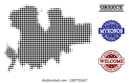 Welcome collage of halftone map of Mykonos Island and rubber watermarks. Halftone map of Mykonos Island constructed with black spheric pixels.