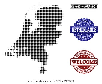 Welcome collage of halftone map of Netherlands and rubber seal stamps. Halftone map of Netherlands constructed with black round elements.
