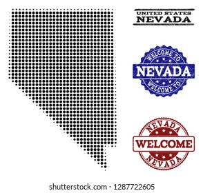 Welcome collage of halftone map of Nevada State and rubber seals. Halftone map of Nevada State designed with black round items.