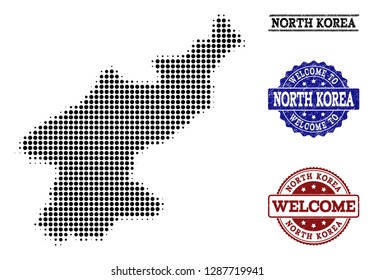 Welcome collage of halftone map of North Korea and rubber stamps. Halftone map of North Korea designed with black circle dots.
