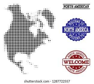 Welcome collage of halftone map of North America and rubber watermarks. Halftone map of North America designed with black spheric points.