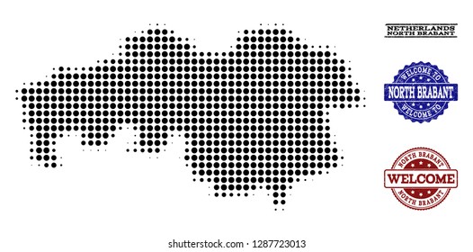 Welcome collage of halftone map of North Brabant Province and rubber seal stamps. Halftone map of North Brabant Province designed with black spheric pixels.