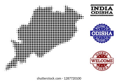 Welcome collage of halftone map of Odisha State and grunge stamps. Halftone map of Odisha State designed with black circle items.
