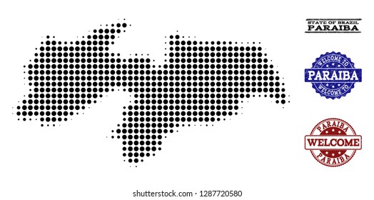 Welcome collage of halftone map of Paraiba State and scratched seal stamps. Halftone map of Paraiba State designed with black round items.
