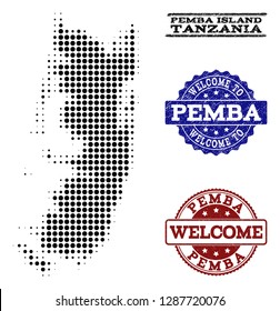 Welcome collage of halftone map of Pemba island and grunge watermarks. Halftone map of Pemba island designed with black spheric items.